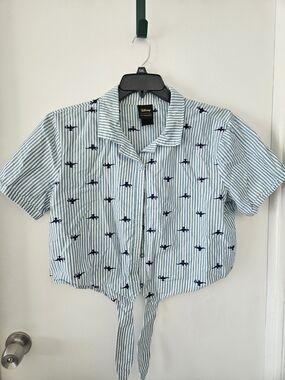 Disney Light Blue and White Striped Tie-Front Crop Top